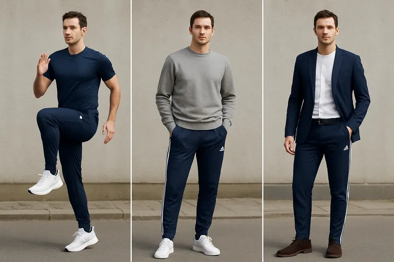 Zo style je de donkerblauwe Adidas broek van training tot stadsleven