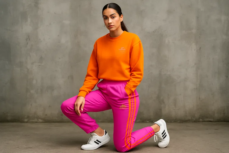 Maak een kleurstatement met een Adidas broek in roze en oranje voor sport en streetwear